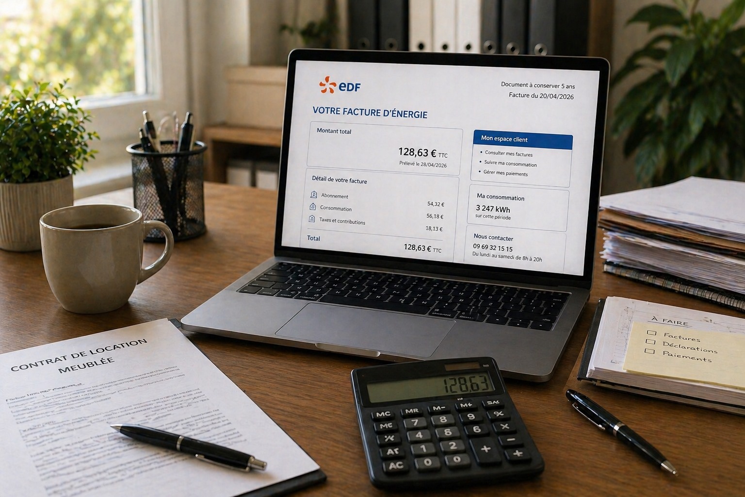 Bureau de gestion avec ordinateur affichant une facture d’énergie française, contrat et calculatrice
